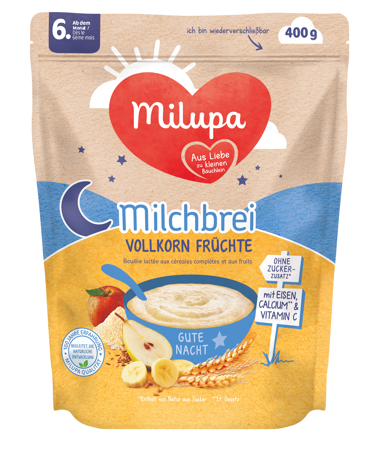 Milupa Packshot Milchbrei Vollkorn Früchte Gute Nacht ab dem 6 Monat 400g AT