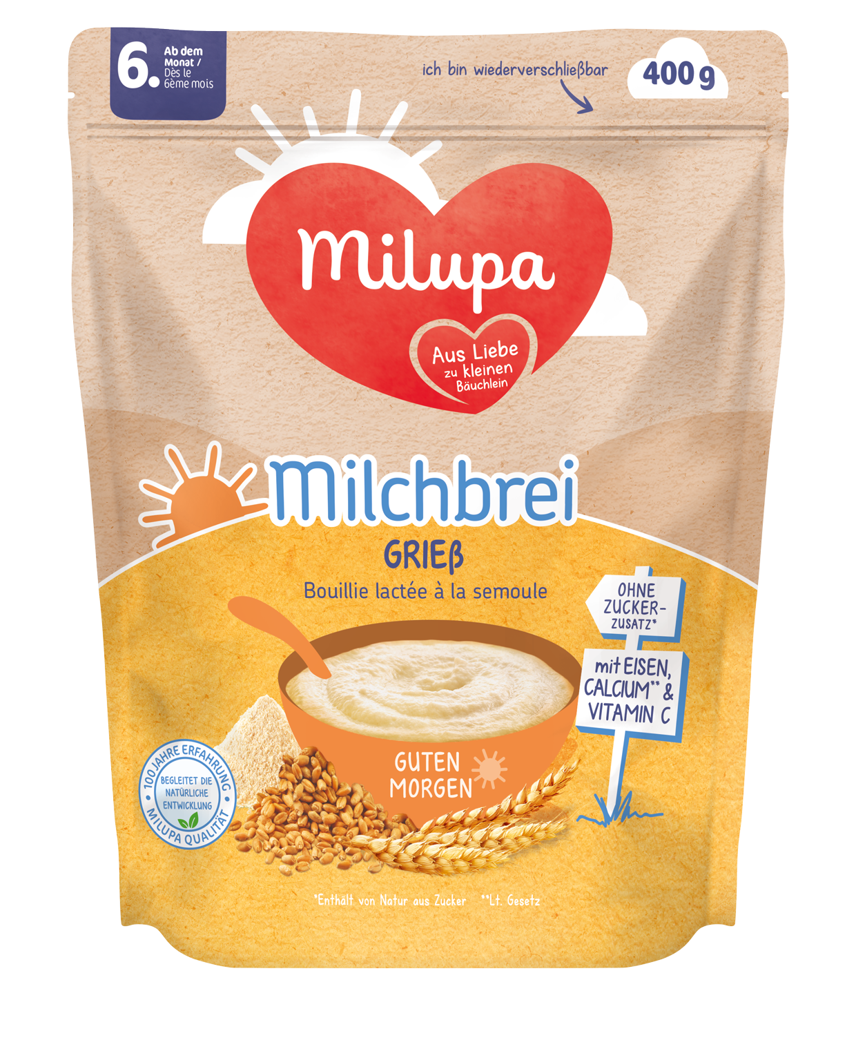 Milupa Packshot Milchbrei Griess Guten Morgen ab dem 6 Monat 400g AT