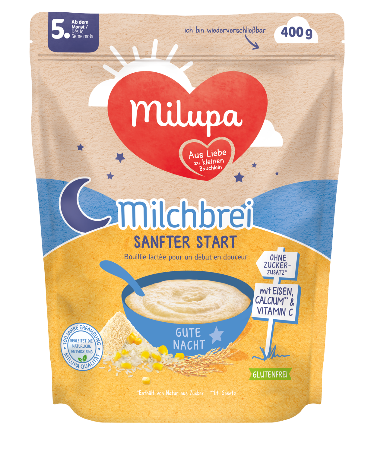 Milupa Packshot Milchbrei Sanfter Start Gute Nacht ab dem 5 Monat 400g AT