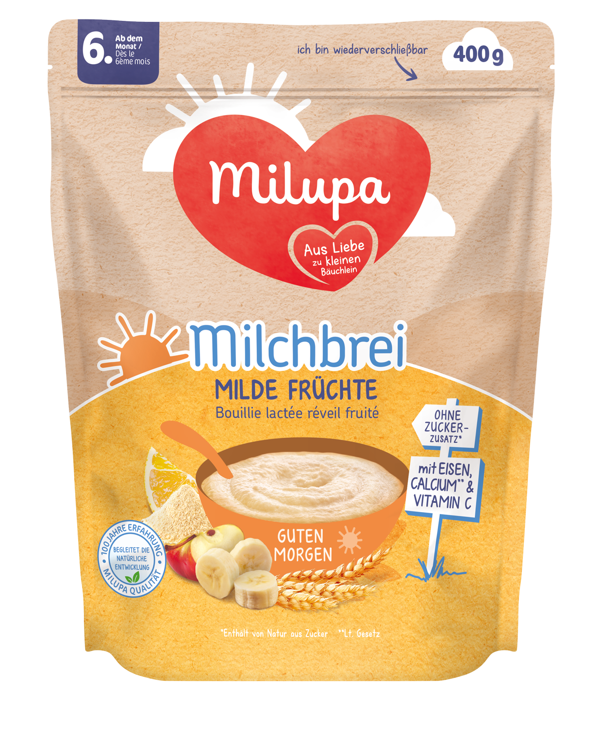 Milupa Packshot Milchbrei Milde Früchte Guten Morgen ab dem 6 Monat 400g AT