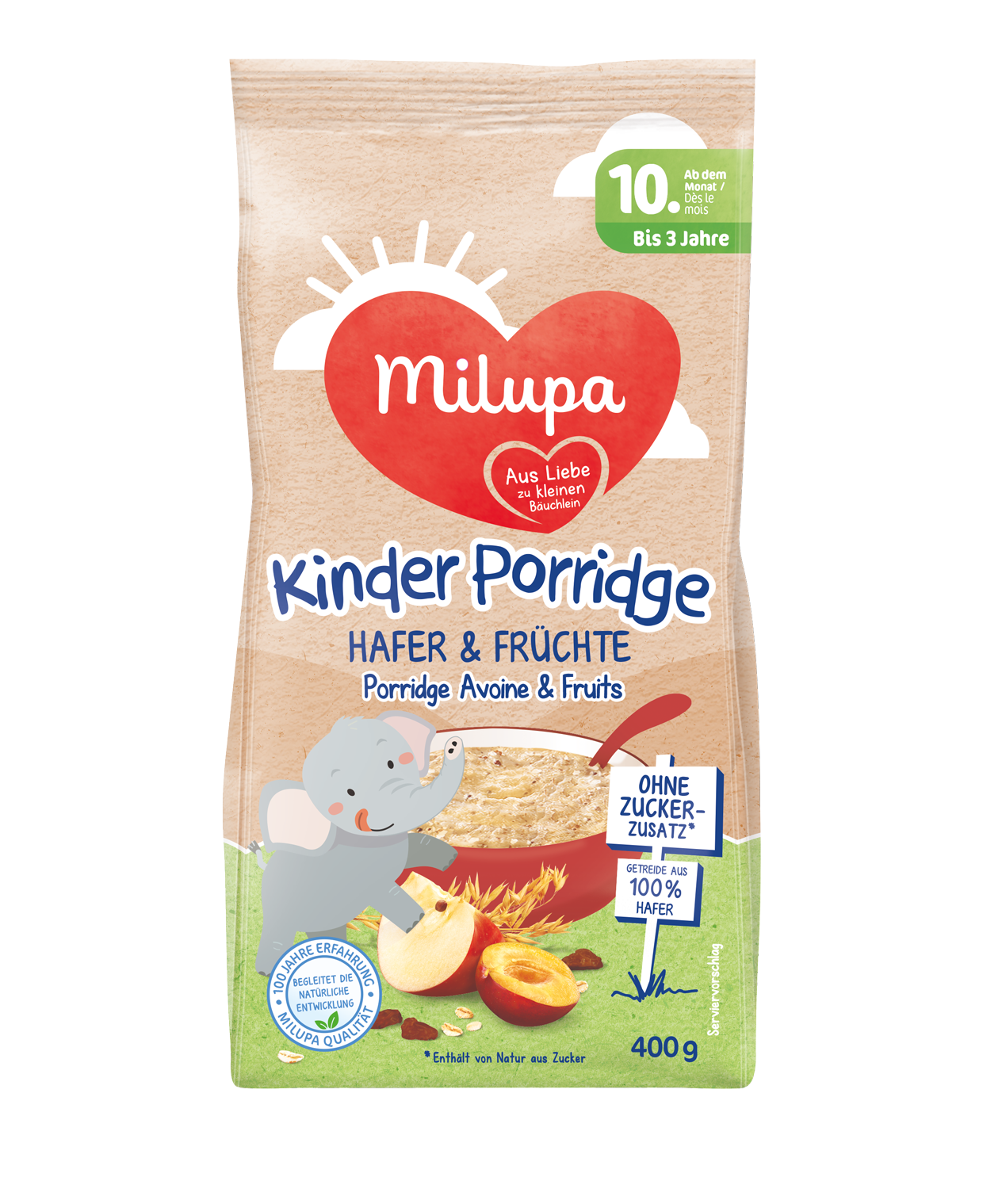 Milupa Packshot Kinder Porridge Hafer und Früchte ab dem 10 Monat bis 3 Jahre 400g AT