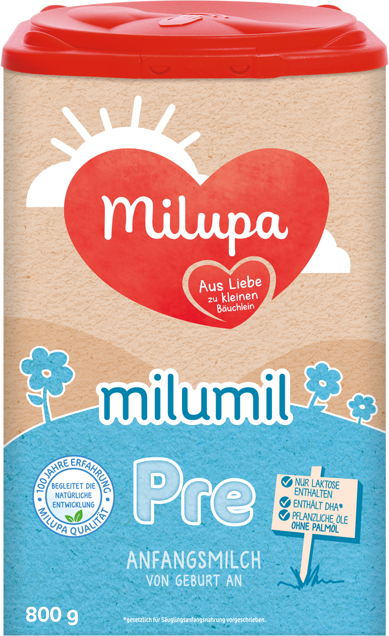 Milumil Packshot POF Pre Anfangsmilch von Geburt an 800g AT